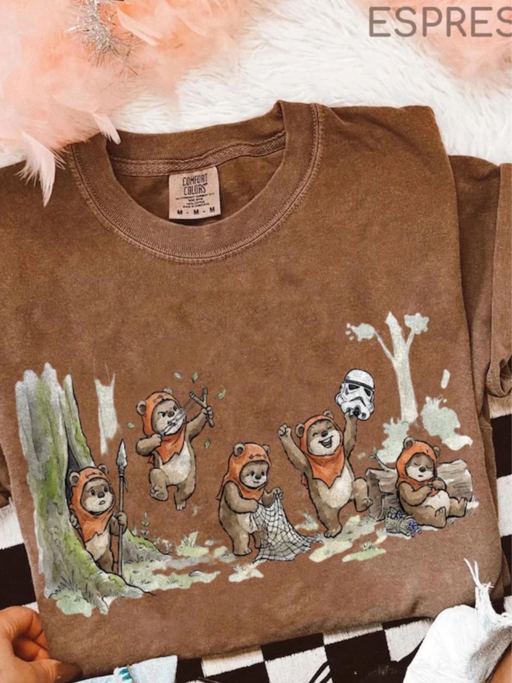 Comfort color espresso Short Sleeve Tee with Playful Ewok Graphic